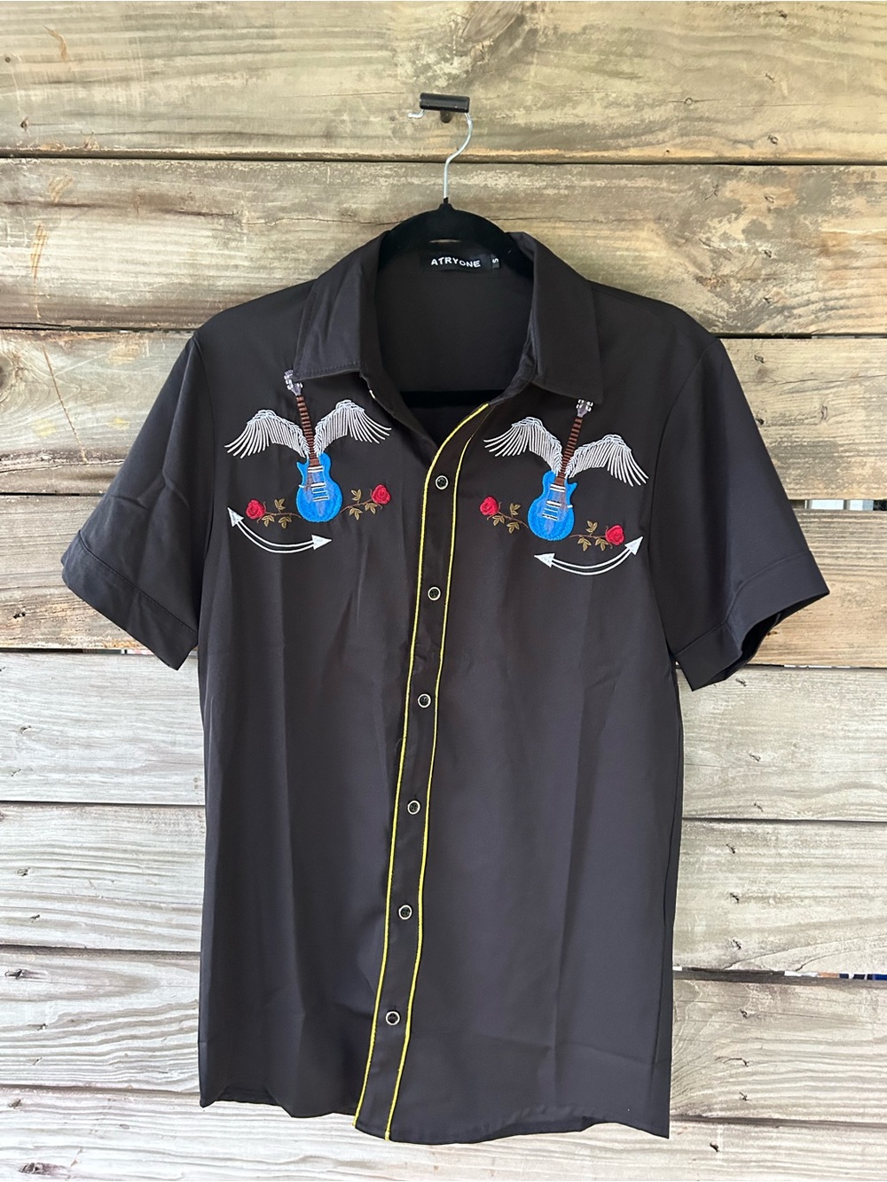 Atryone Black Short-Sleeve Button-Down Shirt with Blue Guitar Embroidery